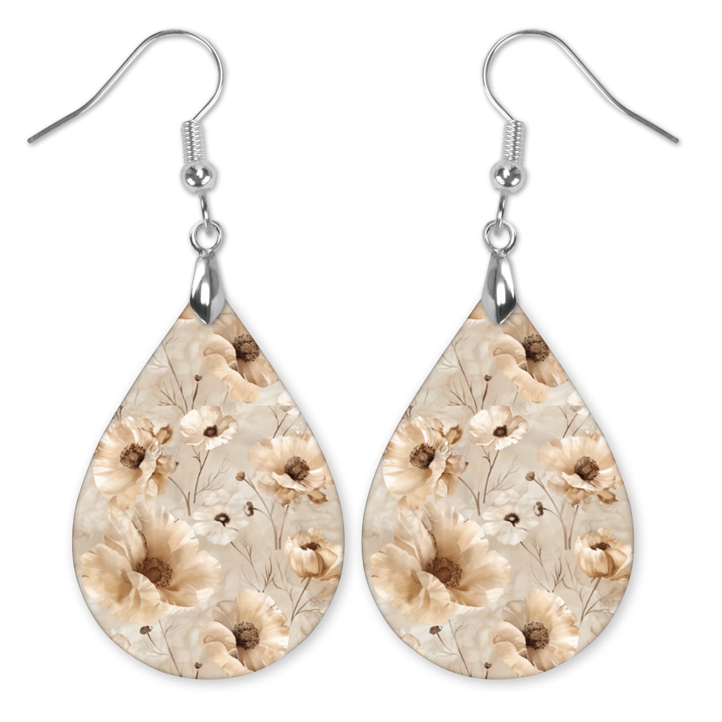 Beige Taupe Floral Teardrop Earrings – Lightweight, Hypoallergenic