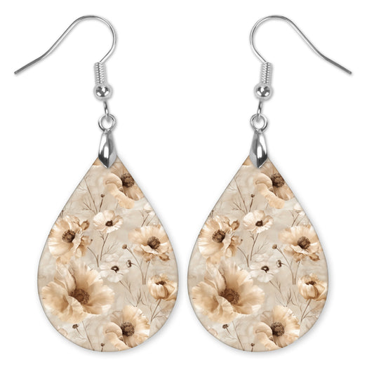 Beige Taupe Floral Teardrop Earrings – Lightweight, Hypoallergenic