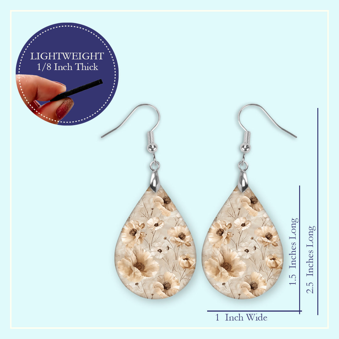 Beige Taupe Floral Teardrop Earrings – Lightweight, Hypoallergenic