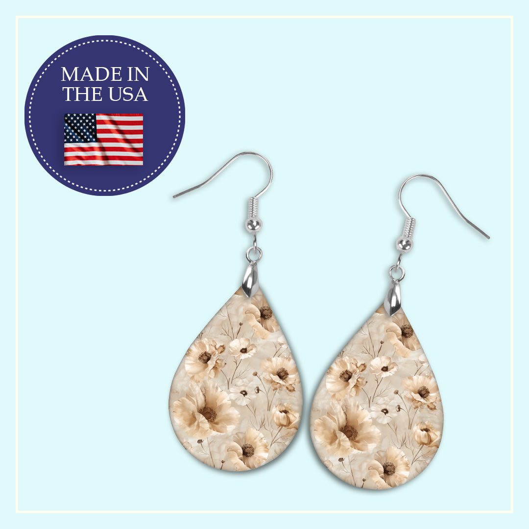 Beige Taupe Floral Teardrop Earrings – Lightweight, Hypoallergenic
