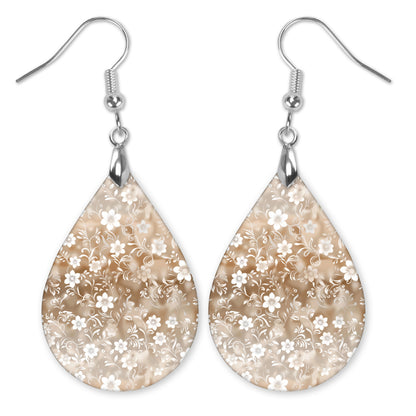 Neutral Beige Floral Teardrop Earrings – Lightweight, Hypoallergenic