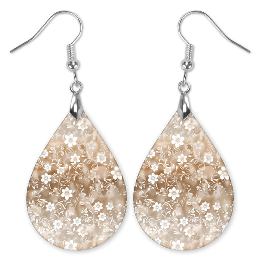 Neutral Beige Floral Teardrop Earrings – Lightweight, Hypoallergenic
