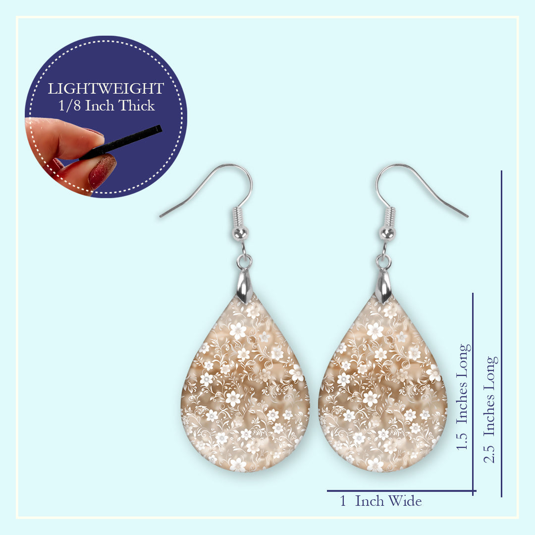 Neutral Beige Floral Teardrop Earrings – Lightweight, Hypoallergenic