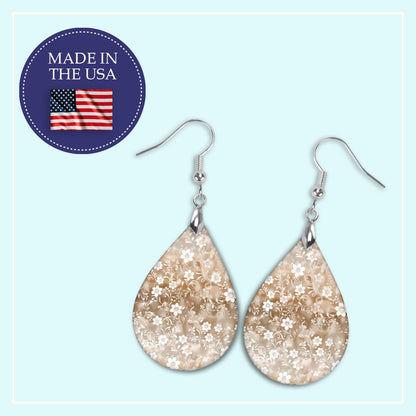 Neutral Beige Floral Teardrop Earrings – Lightweight, Hypoallergenic