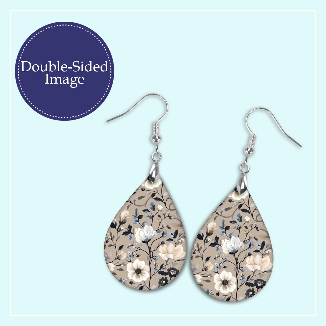 Beige Navy Floral Teardrop Earrings – Lightweight, Hypoallergenic