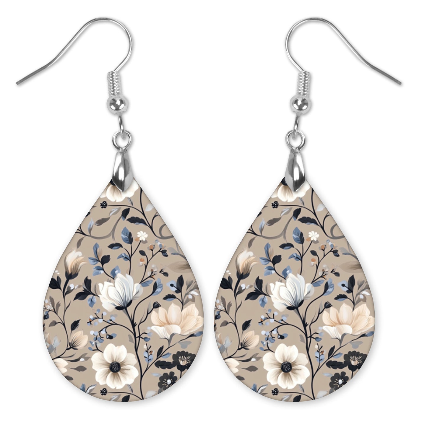 Beige Navy Floral Teardrop Earrings – Lightweight, Hypoallergenic