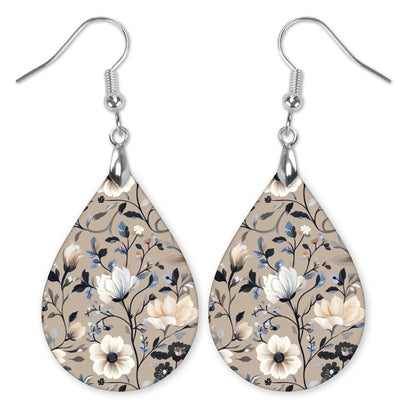 Beige Navy Floral Teardrop Earrings – Lightweight, Hypoallergenic