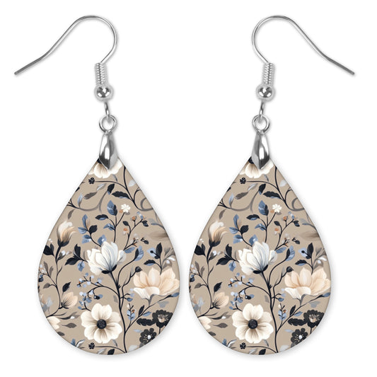 Beige Navy Floral Teardrop Earrings – Lightweight, Hypoallergenic