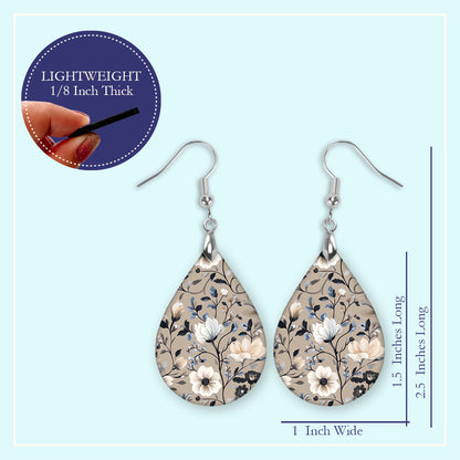 Beige Navy Floral Teardrop Earrings – Lightweight, Hypoallergenic