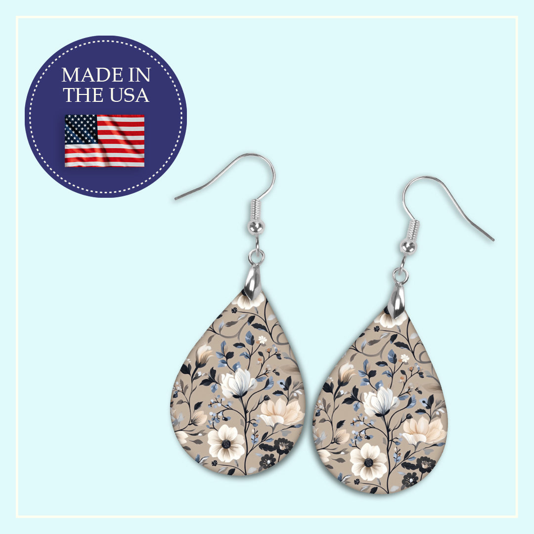 Beige Navy Floral Teardrop Earrings – Lightweight, Hypoallergenic