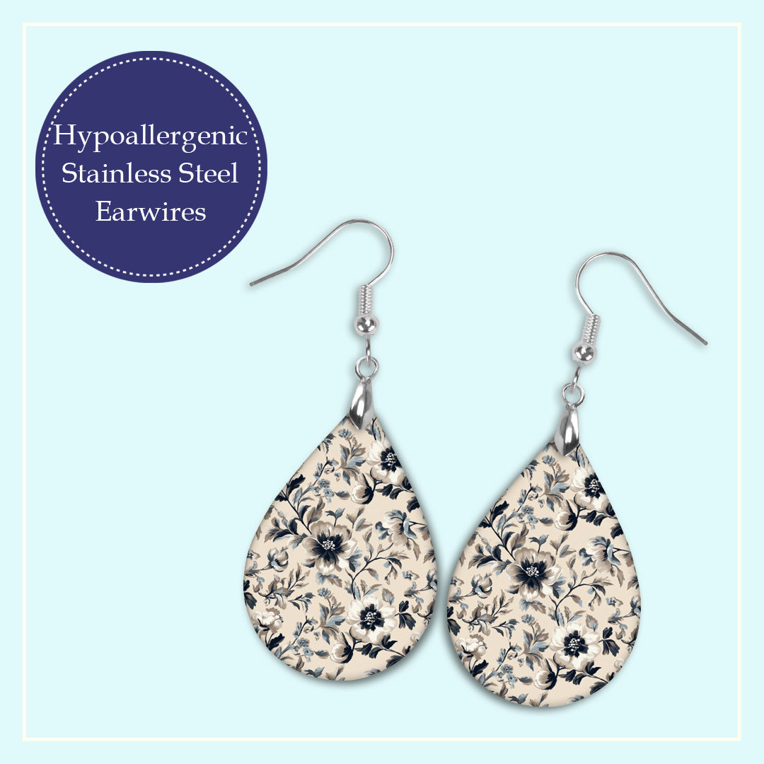 Taupe & Navy Floral Teardrop Earrings – Lightweight, Hypoallergenic