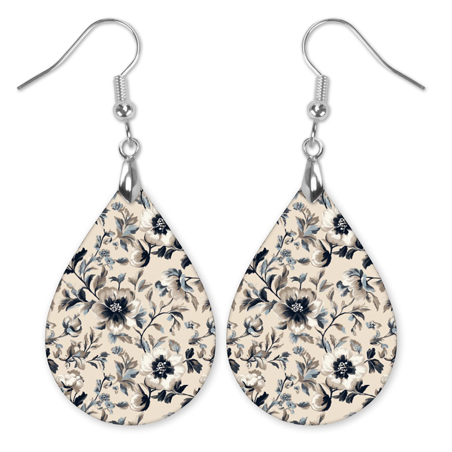 Taupe & Navy Floral Teardrop Earrings – Lightweight, Hypoallergenic
