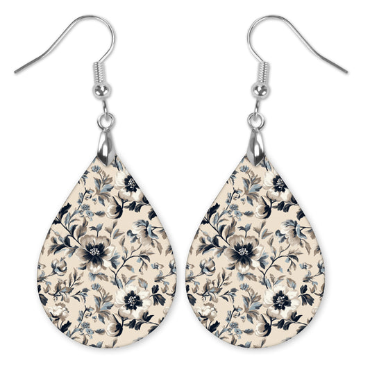 Taupe & Navy Floral Teardrop Earrings – Lightweight, Hypoallergenic