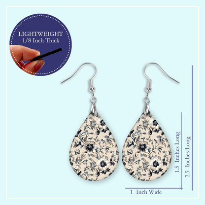 Taupe & Navy Floral Teardrop Earrings – Lightweight, Hypoallergenic