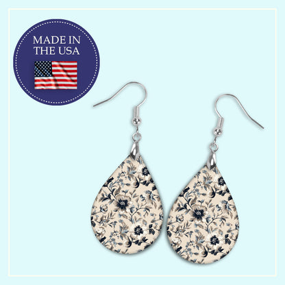 Taupe & Navy Floral Teardrop Earrings – Lightweight, Hypoallergenic