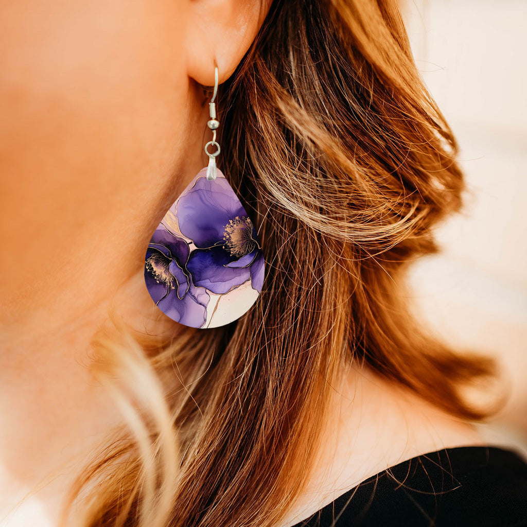 Purple Floral Teardrop Earrings – Lightweight Statement Dangles