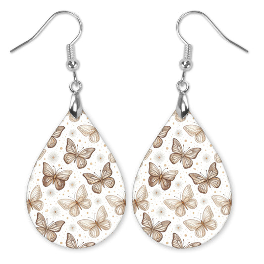 Beige Butterfly Teardrop Earrings – Lightweight Neutral Nature Dangles