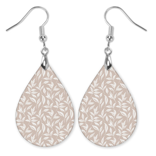 Beige & White Leaf Teardrop Earrings – Lightweight, Hypoallergenic