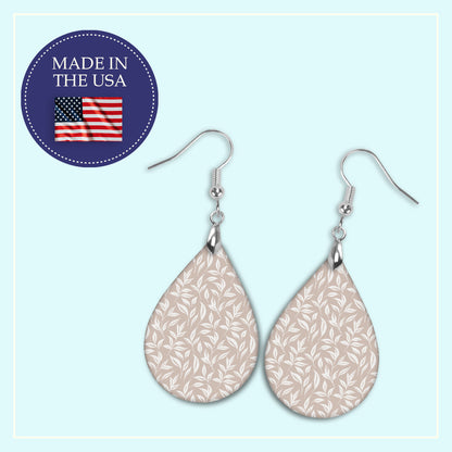 Beige & White Leaf Teardrop Earrings – Lightweight, Hypoallergenic