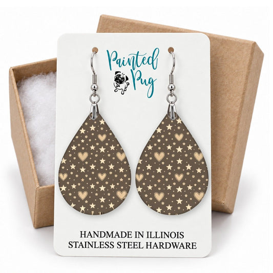 Brown Heart and Star Teardrop Earrings gift box