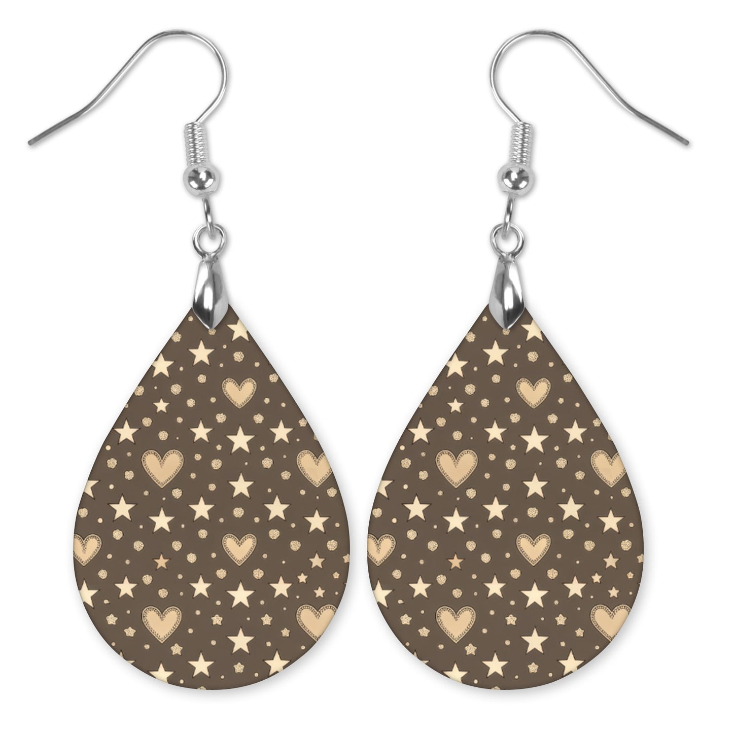 Brown Heart & Star Teardrop Earrings – Lightweight Neutral Dangle Earrings