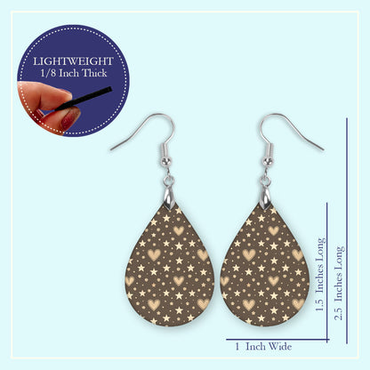 Brown Heart & Star Teardrop Earrings – Lightweight Neutral Dangle Earrings