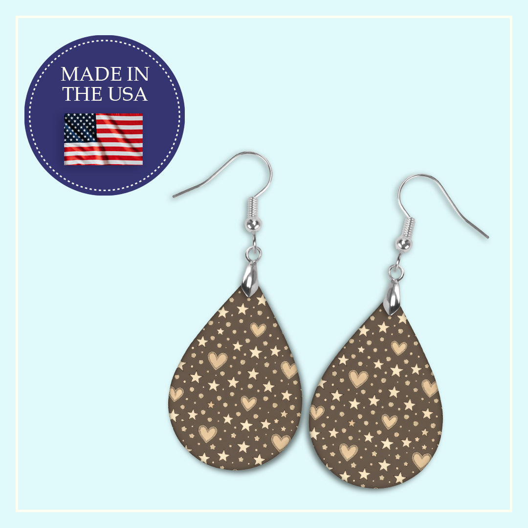 Brown Heart & Star Teardrop Earrings – Lightweight Neutral Dangle Earrings