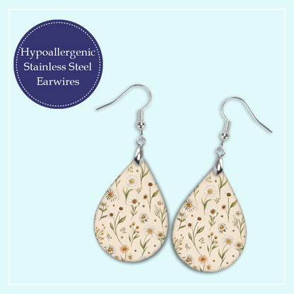 Beige Wildflower Teardrop Earrings – Lightweight Neutral Floral Dangles