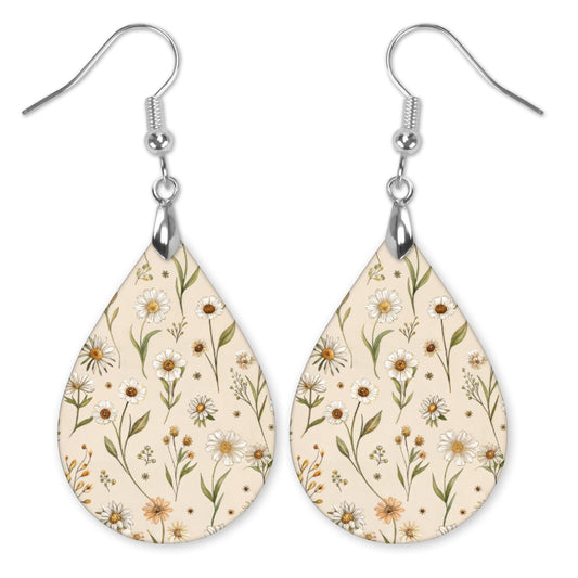 Beige Wildflower Teardrop Earrings – Lightweight Neutral Floral Dangles