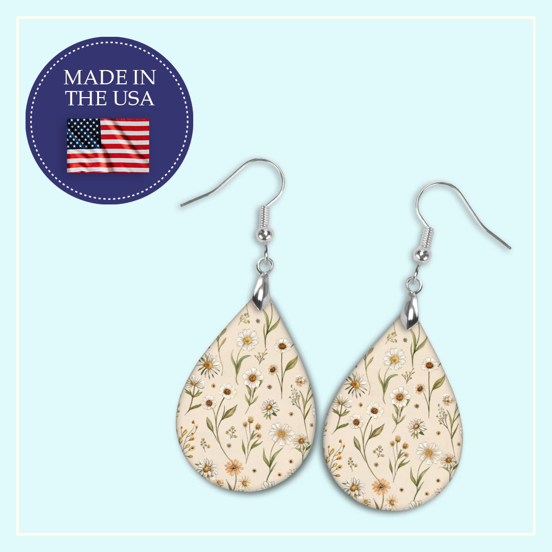 Beige Wildflower Teardrop Earrings – Lightweight Neutral Floral Dangles