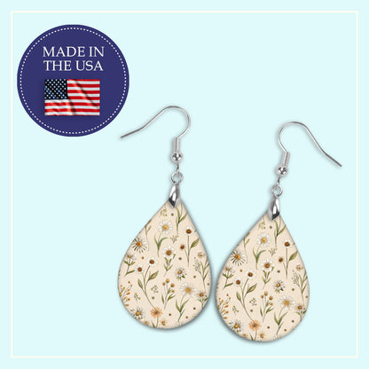 Beige Wildflower Teardrop Earrings – Lightweight Neutral Floral Dangles