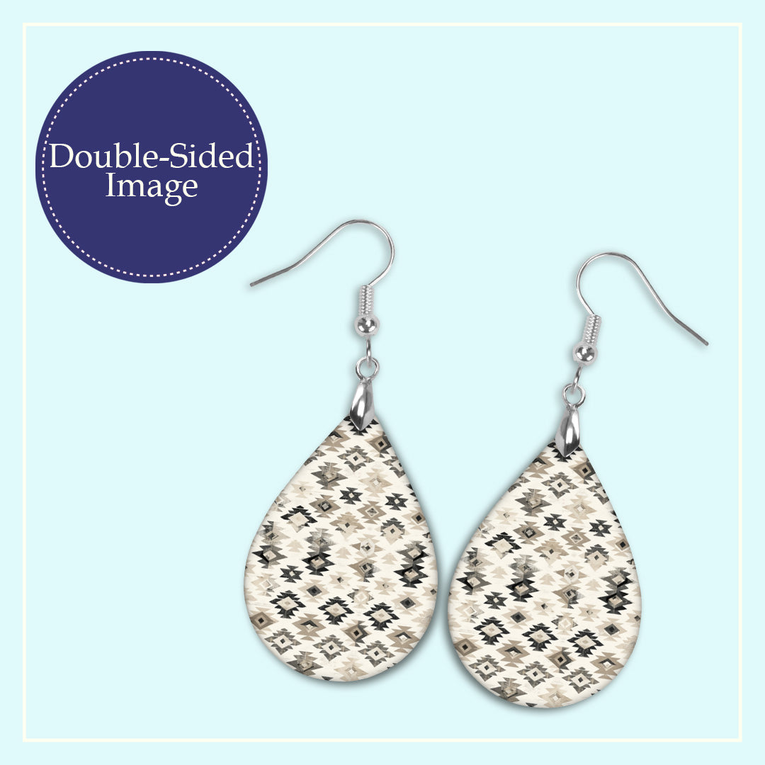 Black & Beige Aztec Teardrop Earrings – Lightweight Neutral Pattern Dangles