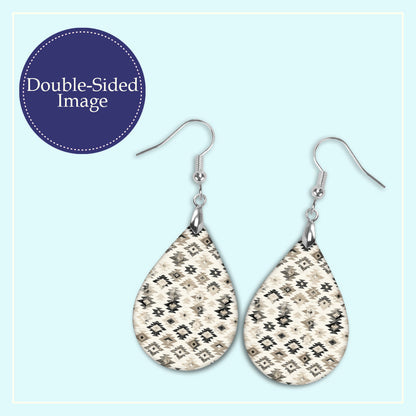 Black & Beige Aztec Teardrop Earrings – Lightweight Neutral Pattern Dangles