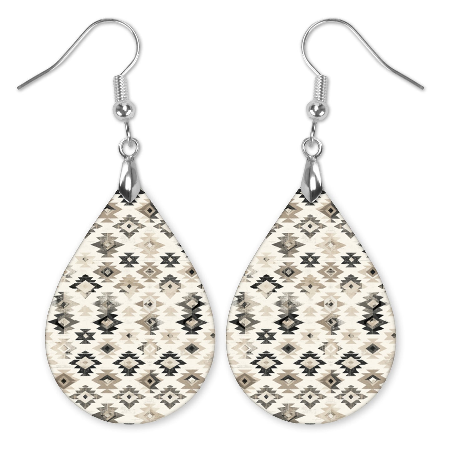 Black & Beige Aztec Teardrop Earrings – Lightweight Neutral Pattern Dangles