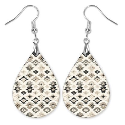 Black & Beige Aztec Teardrop Earrings – Lightweight Neutral Pattern Dangles