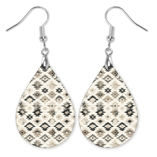 Black & Beige Aztec Teardrop Earrings – Lightweight Neutral Pattern Dangles