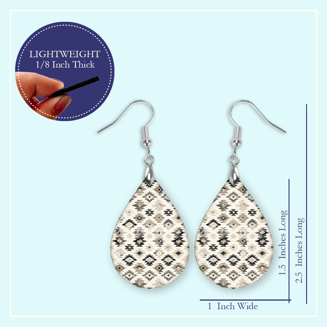 Black & Beige Aztec Teardrop Earrings – Lightweight Neutral Pattern Dangles