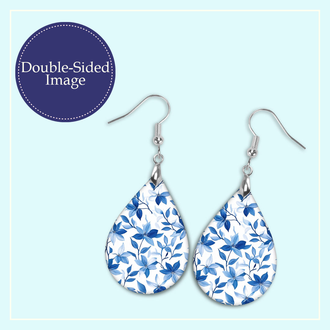 Blue & White Floral Teardrop Earrings – Lightweight Classic Floral Dangles