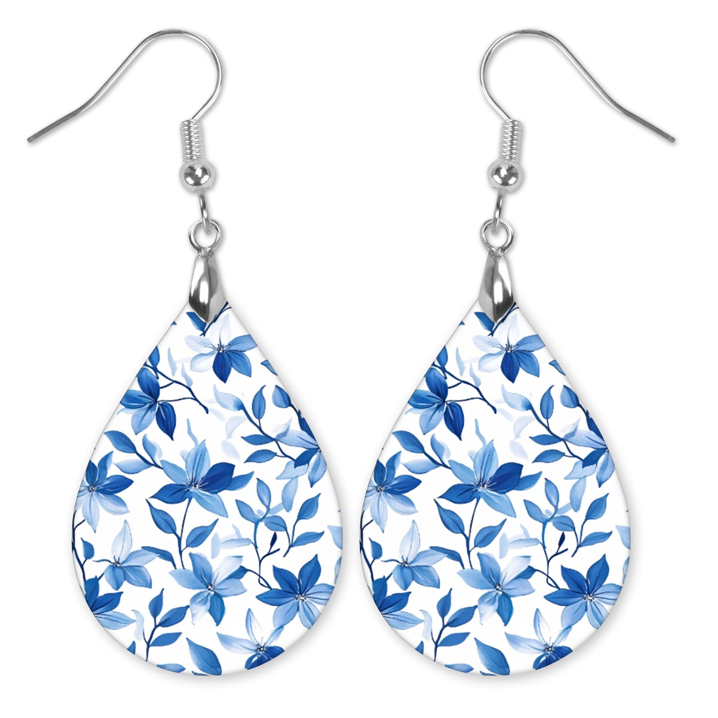 Blue & White Floral Teardrop Earrings – Lightweight Classic Floral Dangles