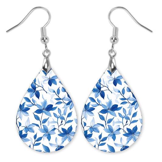 Blue & White Floral Teardrop Earrings – Lightweight Classic Floral Dangles