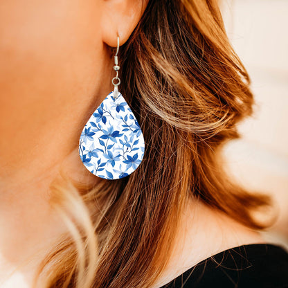 Blue & White Floral Teardrop Earrings – Lightweight Classic Floral Dangles