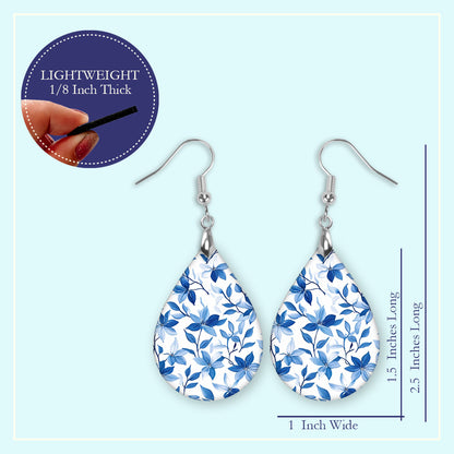 Blue & White Floral Teardrop Earrings – Lightweight Classic Floral Dangles
