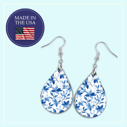 Blue & White Floral Teardrop Earrings – Lightweight Classic Floral Dangles