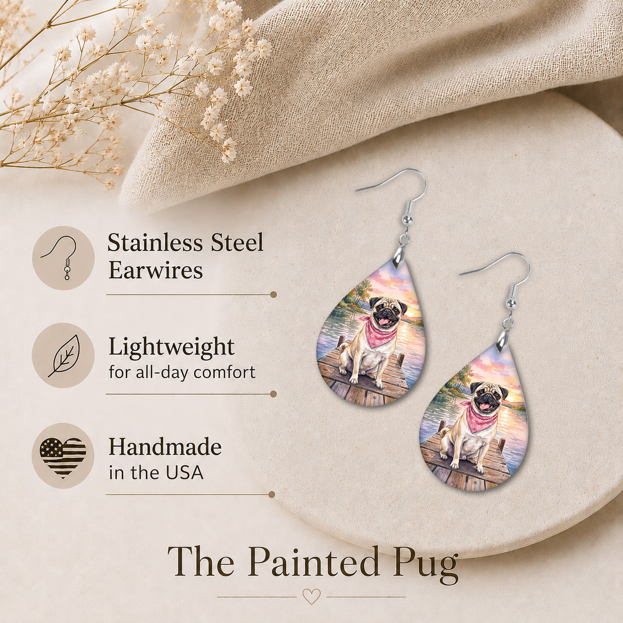 Fawn Pug Lake Sunset Teardrop Earrings