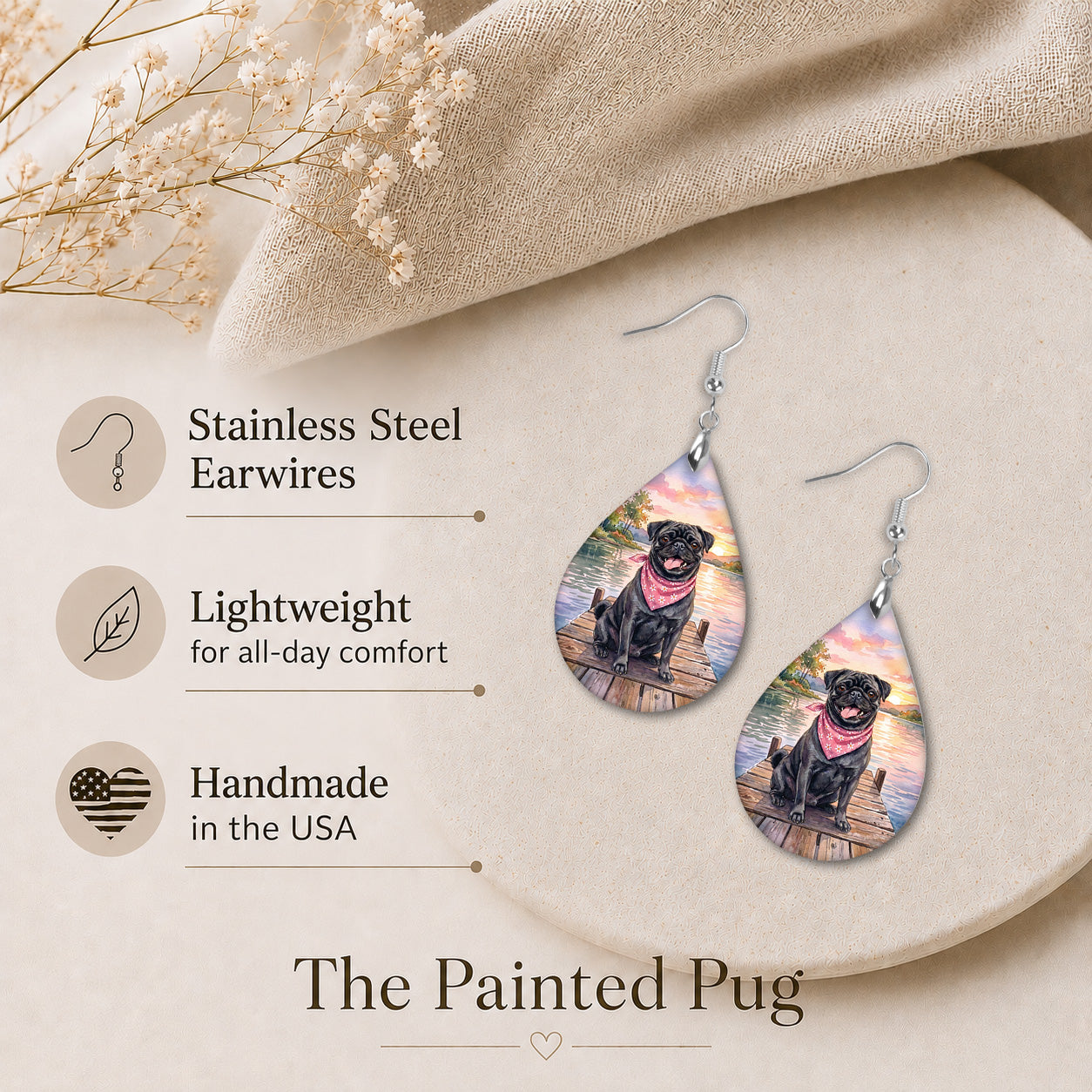 Black Pug Lake Sunset Teardrop Earrings