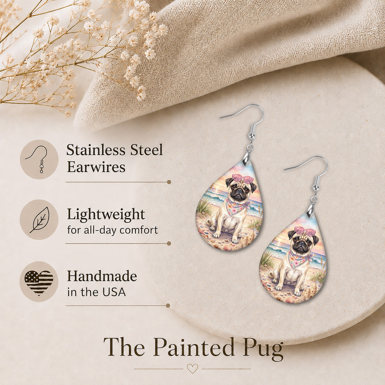 Fawn Pug Beach Sunset Teardrop Earrings