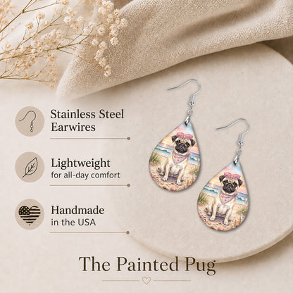 Fawn Pug Beach Sunset Teardrop Earrings