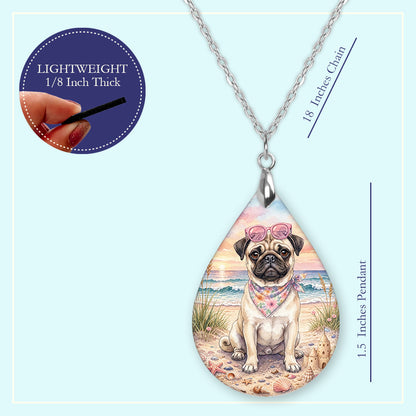 Fawn Pug Beach Sunset Teardrop Earrings