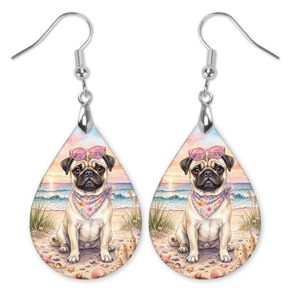 Fawn Pug Beach Sunset Teardrop Earrings