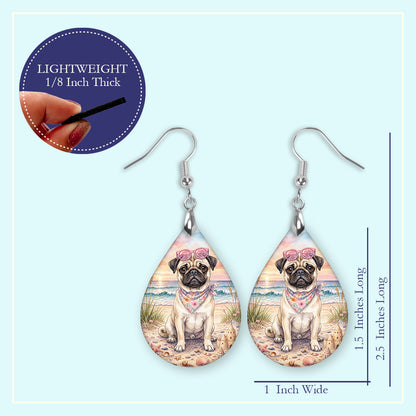 Fawn Pug Beach Sunset Teardrop Earrings